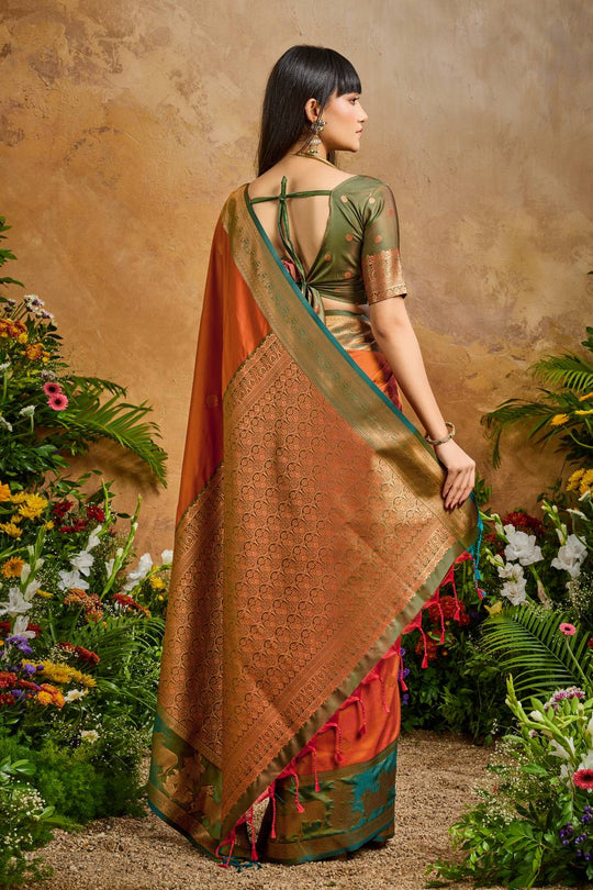 Reishi Burnt Orange Silk Handloom Woven Ready to Wear Saree