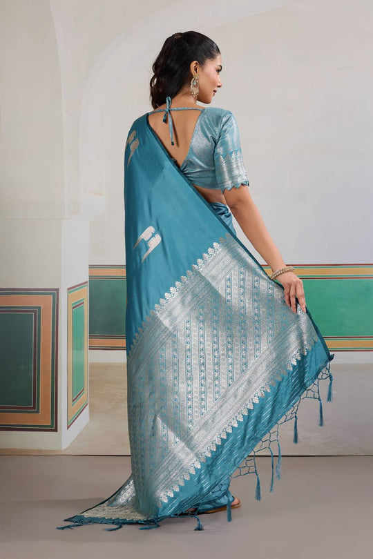 Casey Teal Blue Pure Satin Handloom Weaving Ready to Wear Saree