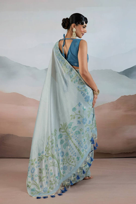 Gaila Powder Blue Handloom Zari Tissue Brasso Weaving Ready to Wear Saree