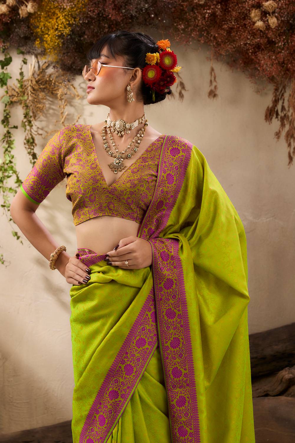 Jivana Lime Green Pure Kanjivaram Weaving Silk Ready to Wear Saree