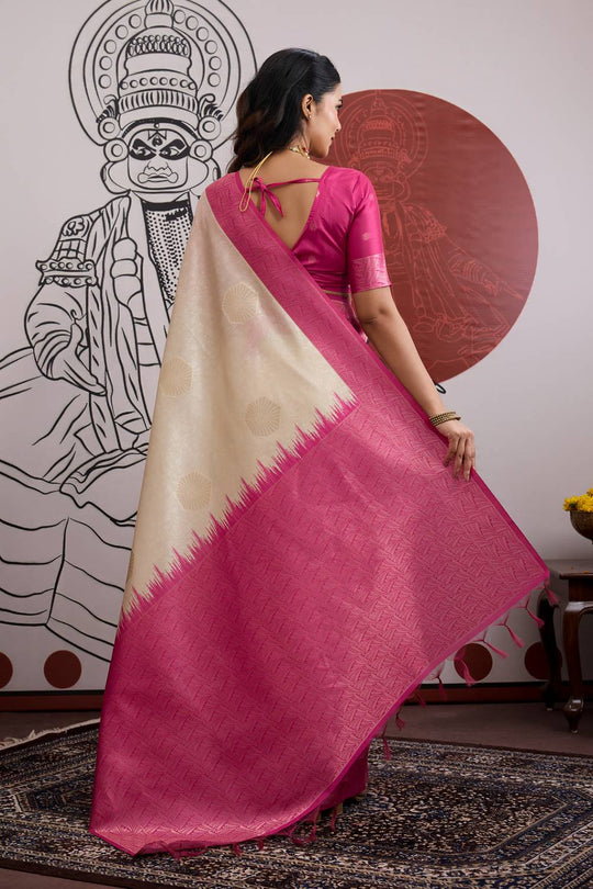Mona Cream & Pink Paper Silk Ready to Wear Saree