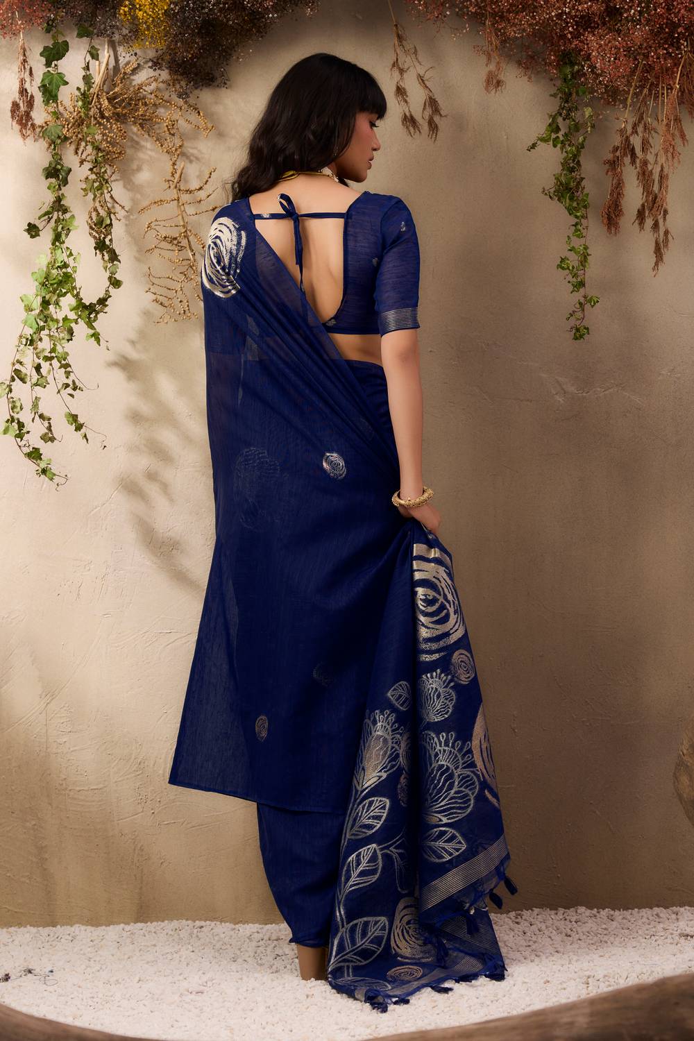Samara Deep Blue Woven Soft Silk with Floral Motif Work Ready to Wear Saree
