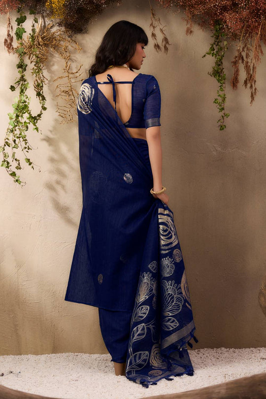 Samara Deep Blue Woven Soft Silk with Floral Motif Work Ready to Wear Saree