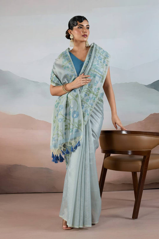 Gaila Powder Blue Handloom Zari Tissue Brasso Weaving Ready to Wear Saree