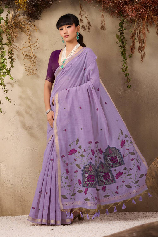 Sanja Lavender Purple Cotton Woven Ready to Wear Saree
