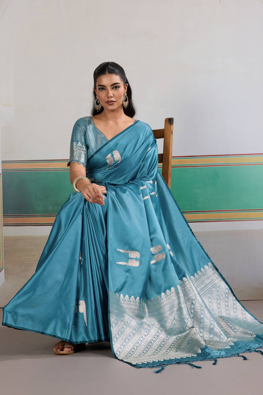 Casey Teal Blue Pure Satin Handloom Weaving Ready to Wear Saree