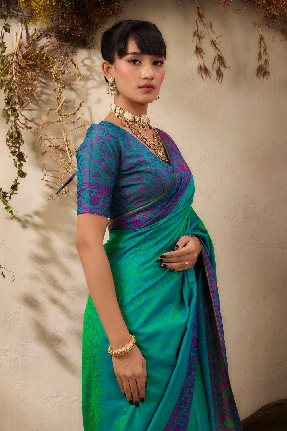 Jivana Emerald Green Pure Kanjivaram Weaving Silk Ready to Wear Saree
