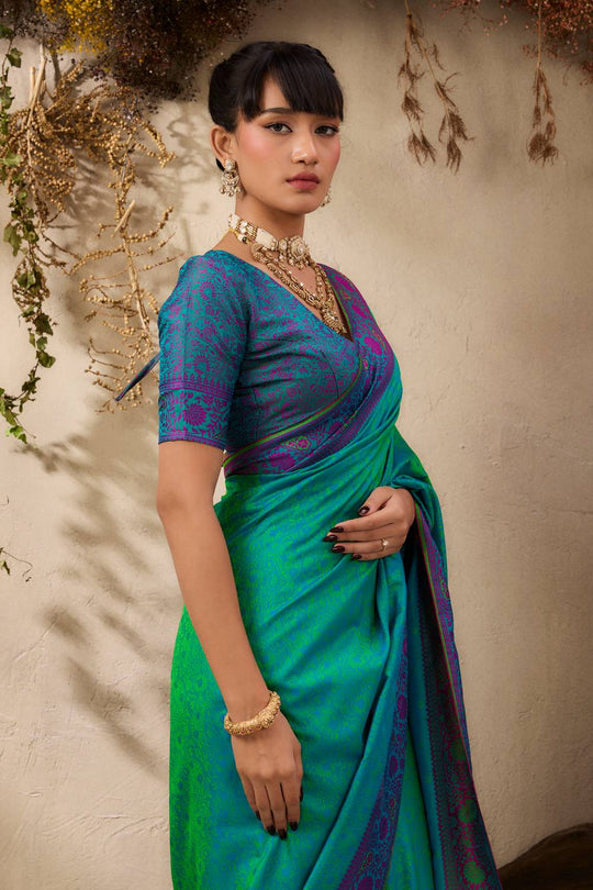 Jivana Emerald Green Pure Kanjivaram Weaving Silk Ready to Wear Saree