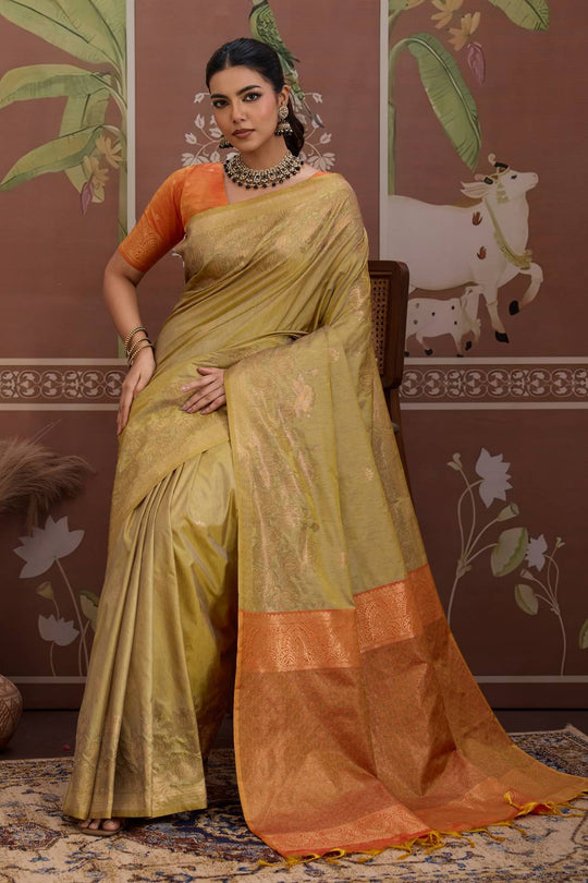Reishi Khadi Beige Silk Handloom Woven With Zari Border Ready to Wear Saree