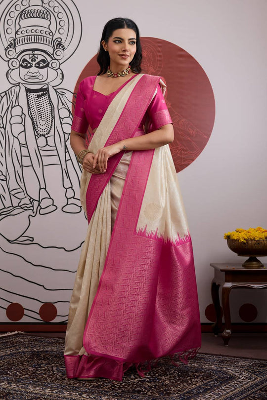 Mona Cream & Pink Paper Silk Ready to Wear Saree