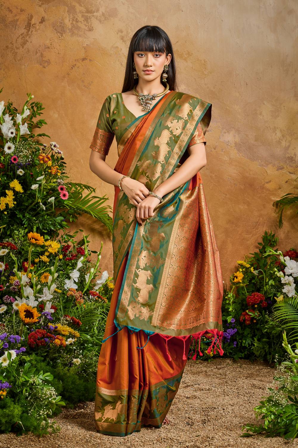 Reishi Burnt Orange Silk Handloom Woven Ready to Wear Saree