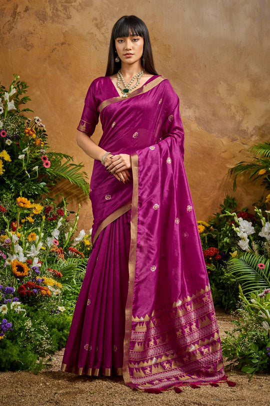Nikka Magenta Tussar Silk Handloom Woven Tribal Border Ready to Wear Saree