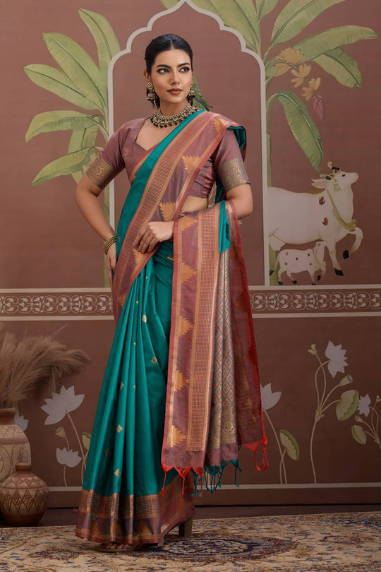 Tessa Teal Green Silk Woven With Zari Work Ready to Wear Saree