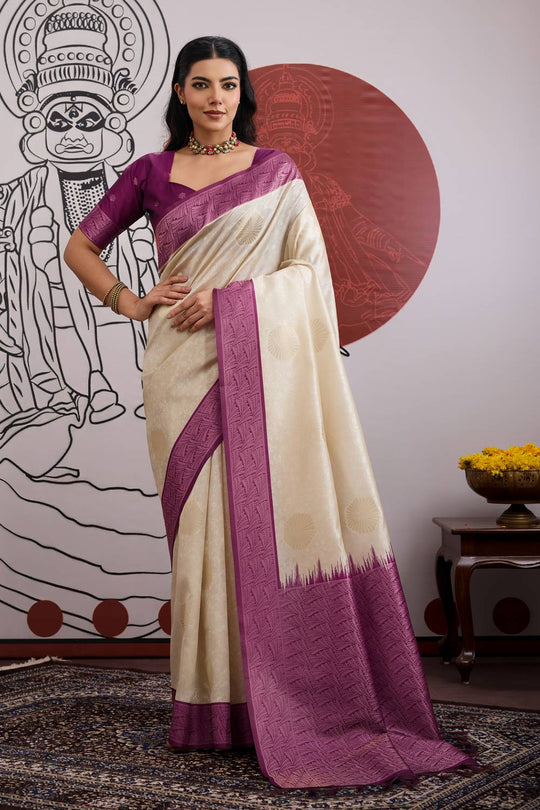Mona Cream & Wine Purple Paper Silk Ready to Wear Saree