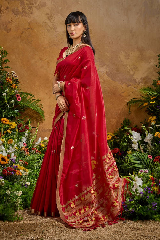 Nikka Rani Red Tussar Silk Handloom Woven Tribal Border Ready to Wear Saree