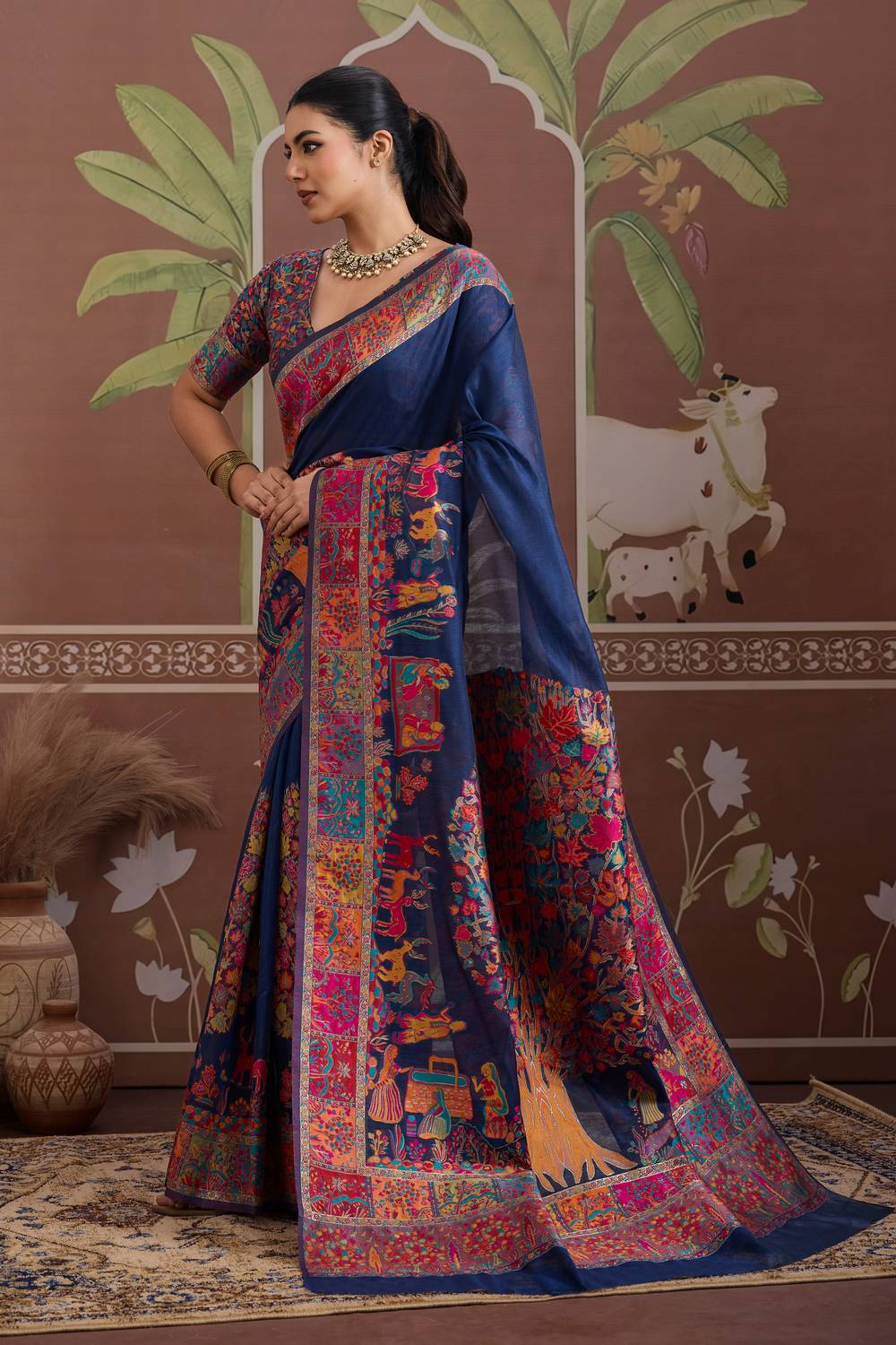 Misha Midnight Blue Modal Cotton Pashmina Woven Ready to Wear Saree