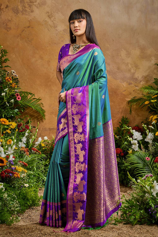 Reishi Peacock Blue Silk Handloom Woven Ready to Wear Saree