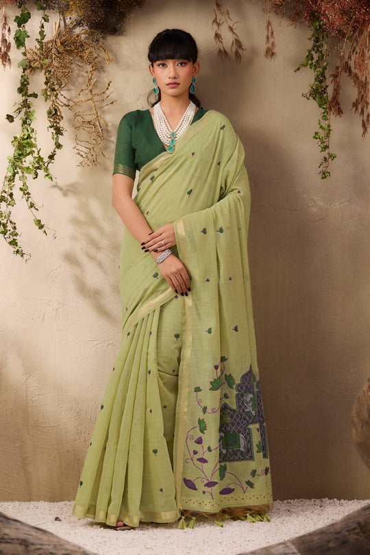 Sanja Pista Green Cotton Woven Ready to Wear Saree