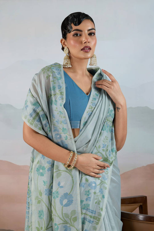 Gaila Powder Blue Handloom Zari Tissue Brasso Weaving Ready to Wear Saree
