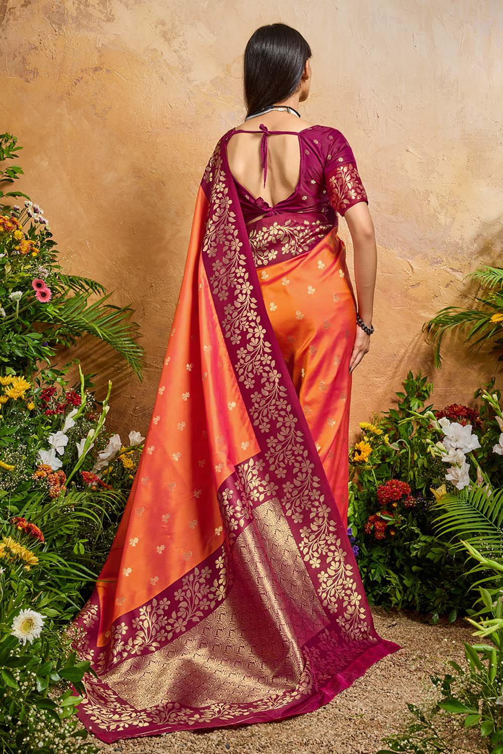 Roya Orange and Wine Handloom Weaving Silk Ready to Wear Saree