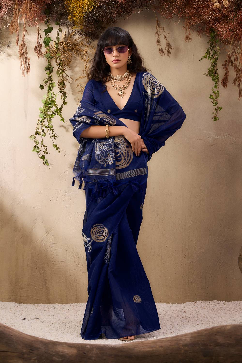 Samara Deep Blue Woven Soft Silk with Floral Motif Work Ready to Wear Saree
