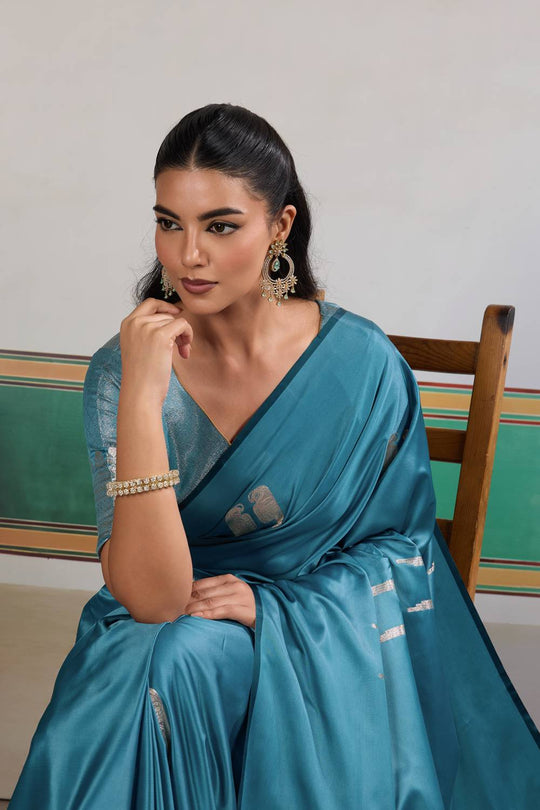 Casey Teal Blue Pure Satin Handloom Weaving Ready to Wear Saree