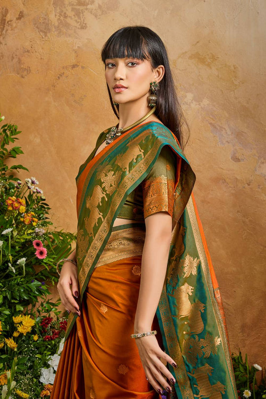 Reishi Burnt Orange Silk Handloom Woven Ready to Wear Saree