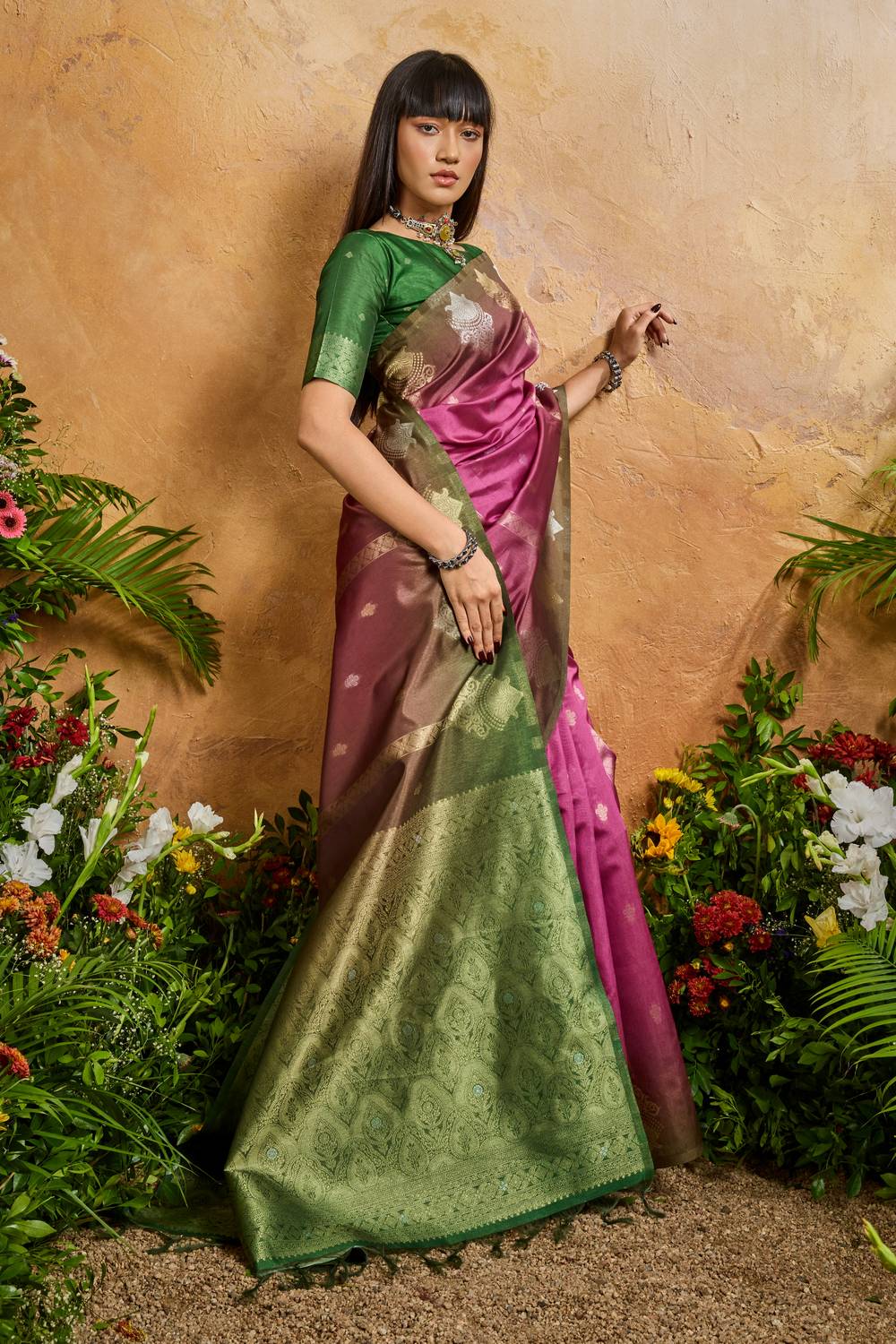 Suri Raspberry Pink Handloom Woven Paper Silk With Zari Work Ready to Wear One Minute Saree