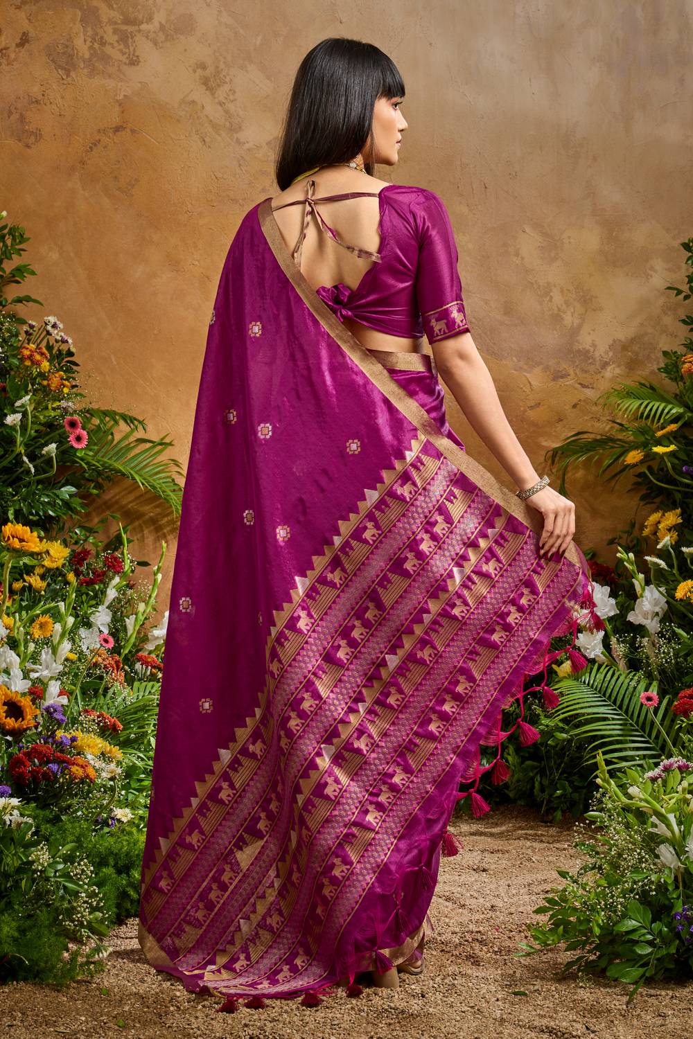Nikka Magenta Tussar Silk Handloom Woven Tribal Border Ready to Wear Saree