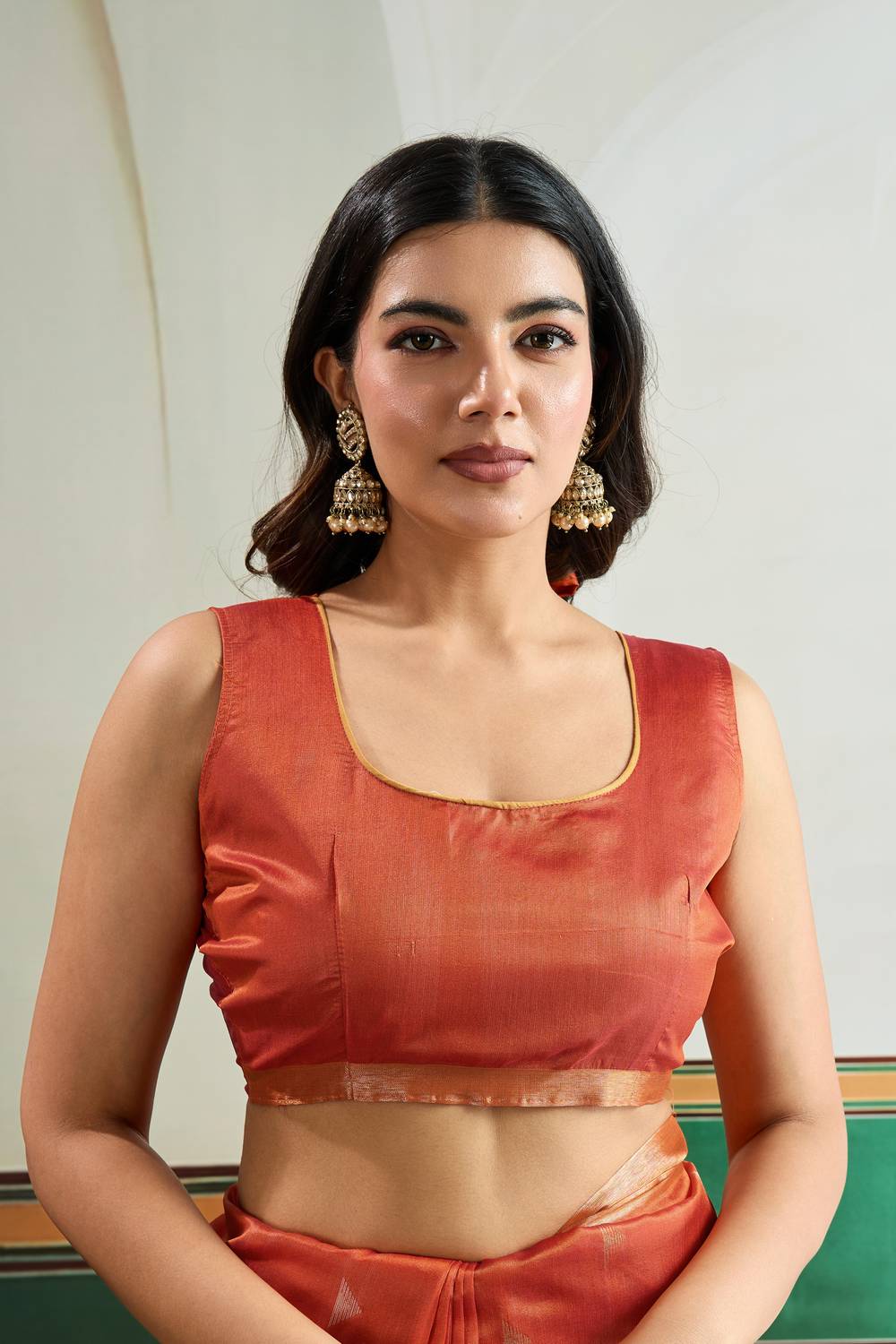 Usha Rust Orange Tussar Silk Ikkat Handloom Weaving Ready to Wear Saree