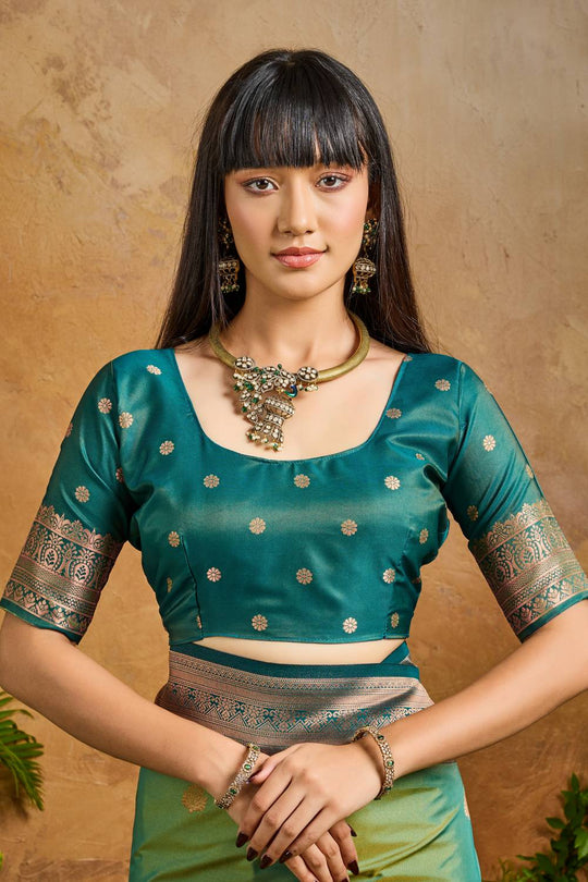 Reishi Seafoam Green Silk Handloom Woven Ready to Wear Saree