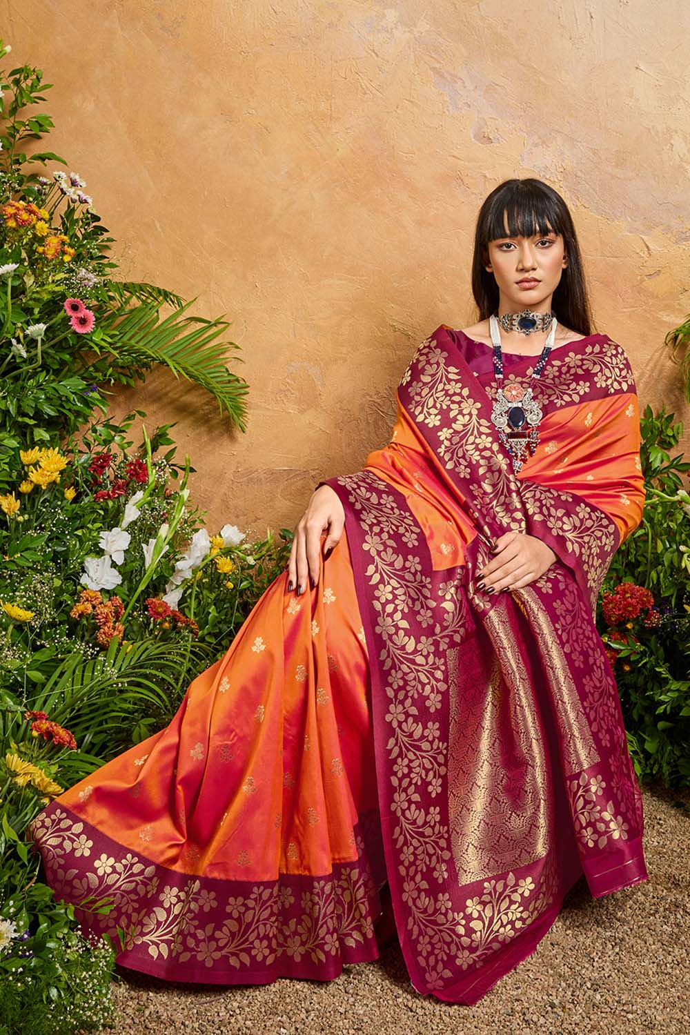 Roya Orange and Wine Handloom Weaving Silk Ready to Wear Saree