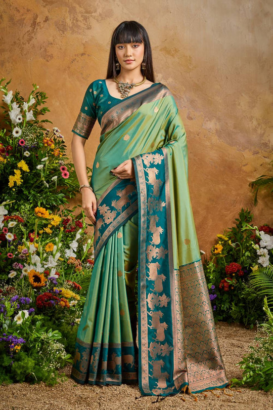 Reishi Seafoam Green Silk Handloom Woven Ready to Wear Saree