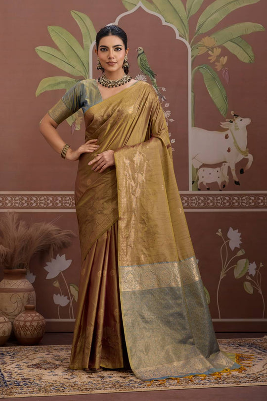 Reishi Antique Gold Silk Handloom Woven With Zari Border Ready to Wear Saree