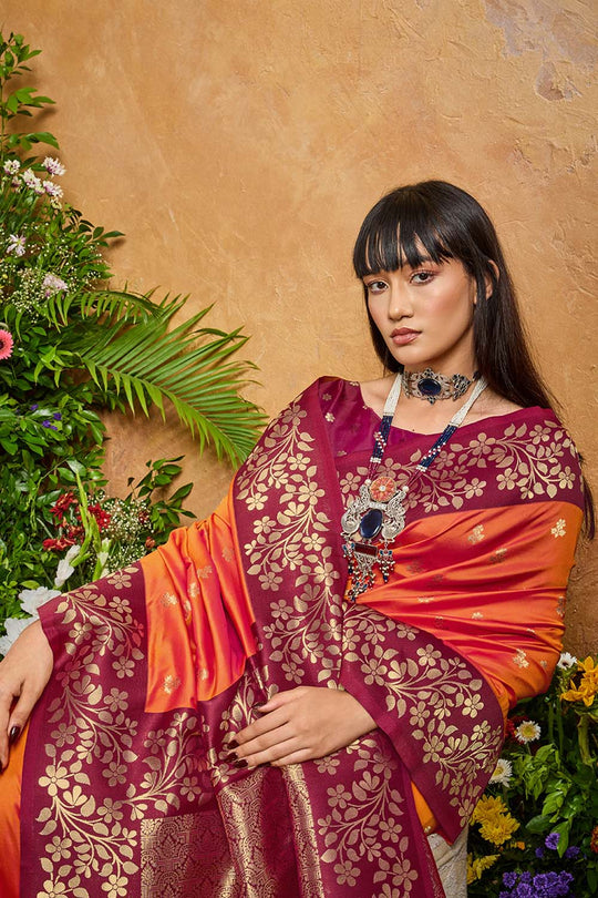 Roya Orange and Wine Handloom Weaving Silk Ready to Wear Saree