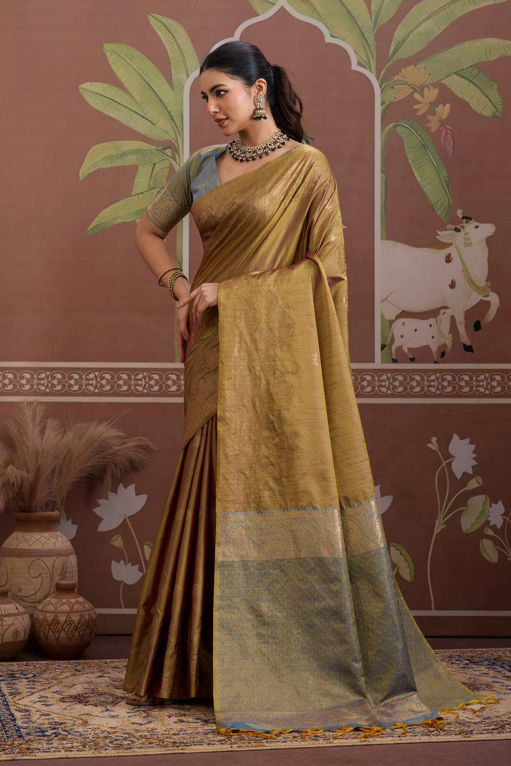 Reishi Antique Gold Silk Handloom Woven With Zari Border Ready to Wear Saree