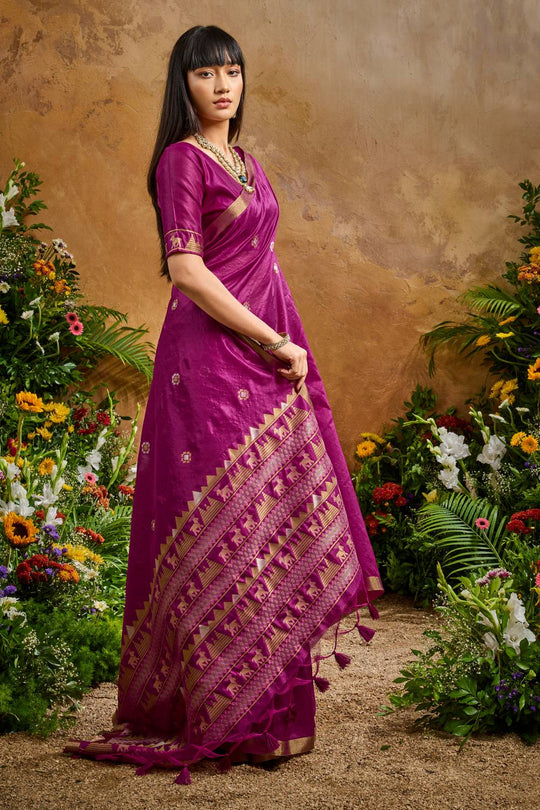 Nikka Magenta Tussar Silk Handloom Woven Tribal Border Ready to Wear Saree