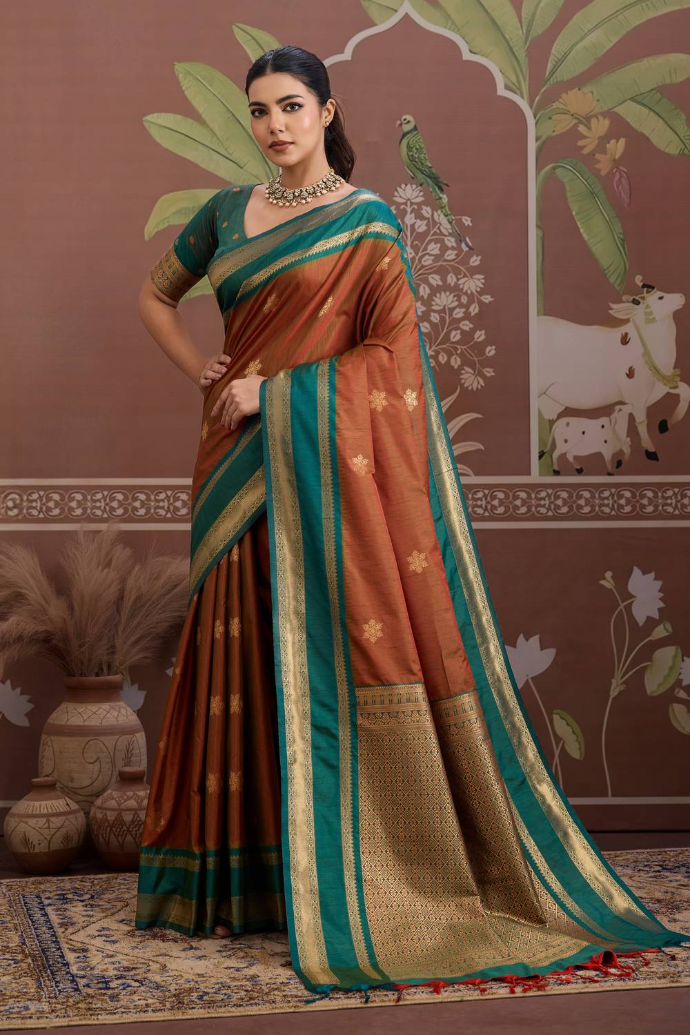 Nima Burnt Orange Silk Handloom Woven Ready to Wear Saree
