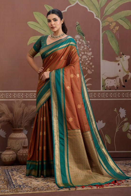 Nima Burnt Orange Silk Handloom Woven Ready to Wear Saree