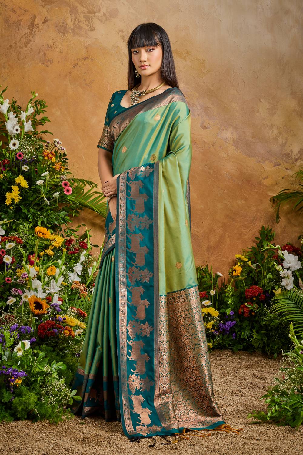 Reishi Seafoam Green Silk Handloom Woven Ready to Wear Saree