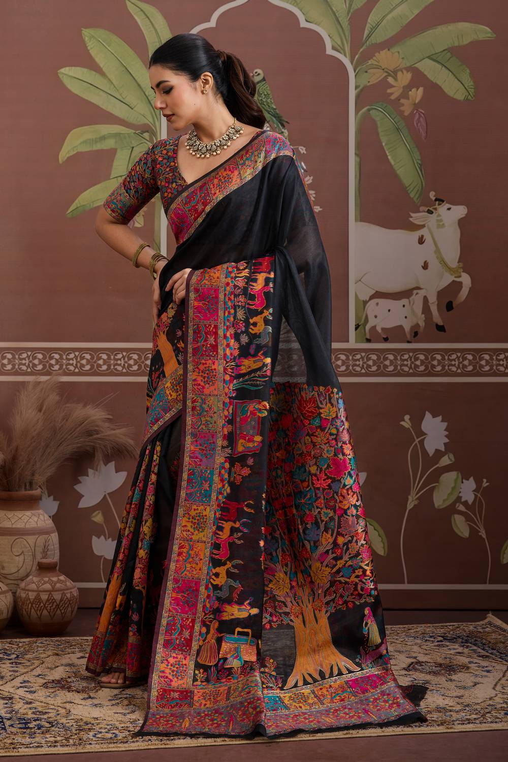 Misha Black Modal Cotton Pashmina Woven Ready to Wear Saree