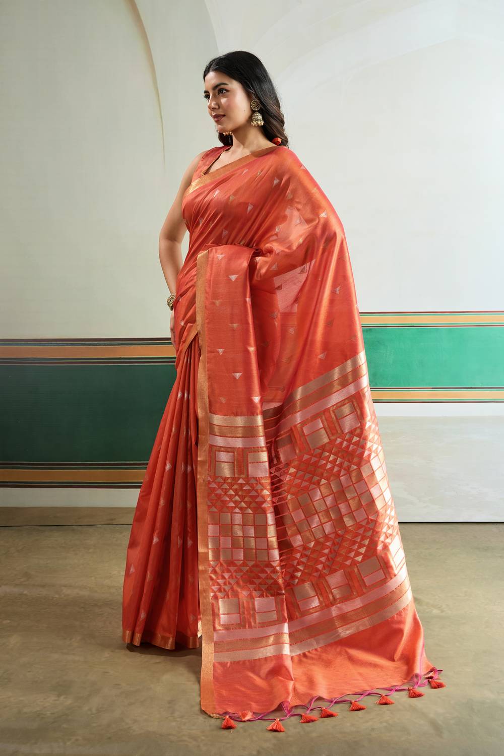 Usha Rust Orange Tussar Silk Ikkat Handloom Weaving Ready to Wear Saree