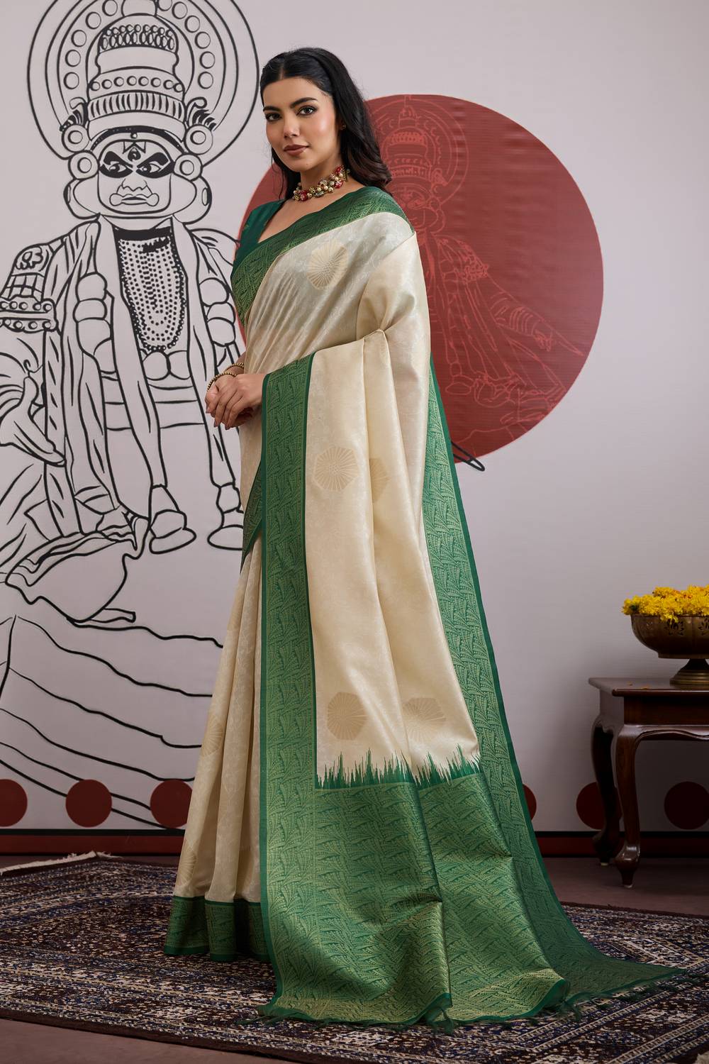 Mona Cream and Bottle Green Paper Silk Ready to Wear Saree