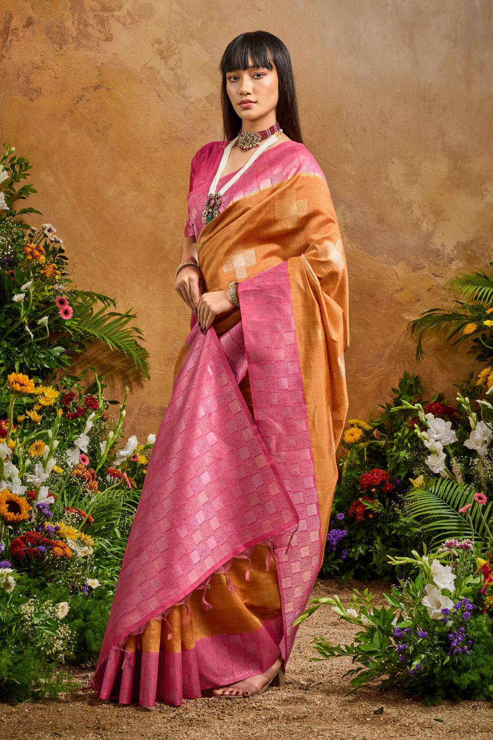 Flora Orange Paper Silk Handloom Woven Ready to Wear Saree