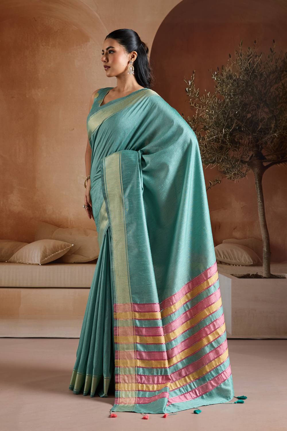 Prerna Teal Blue Handwoven Pure Bhagalpuri Silk Ready to Wear Saree
