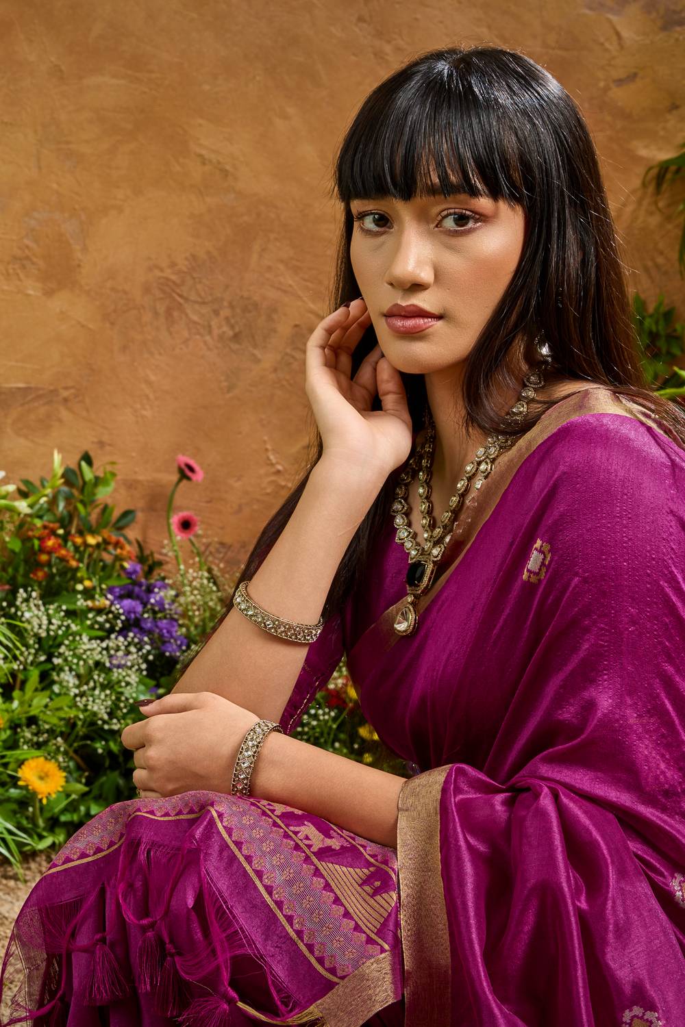 Nikka Magenta Tussar Silk Handloom Woven Tribal Border Ready to Wear Saree