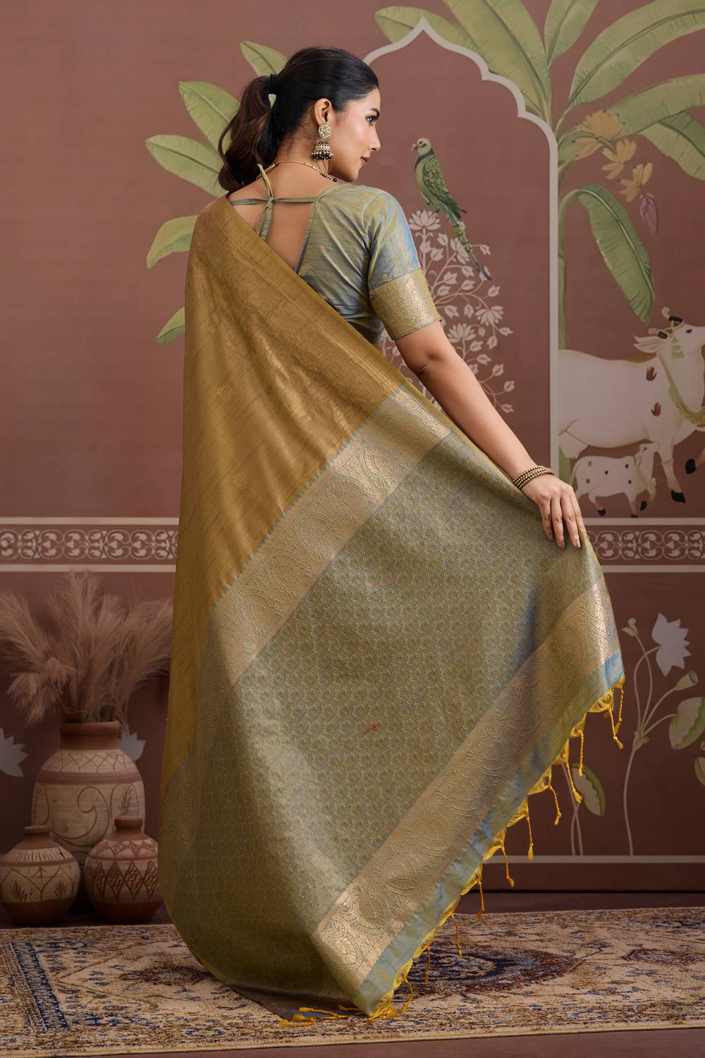 Reishi Antique Gold Silk Handloom Woven With Zari Border Ready to Wear Saree