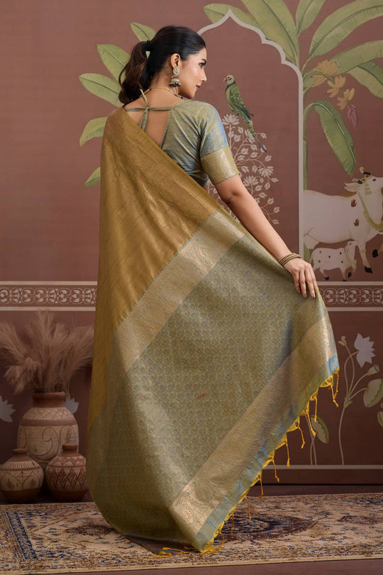 Reishi Antique Gold Silk Handloom Woven With Zari Border Ready to Wear Saree
