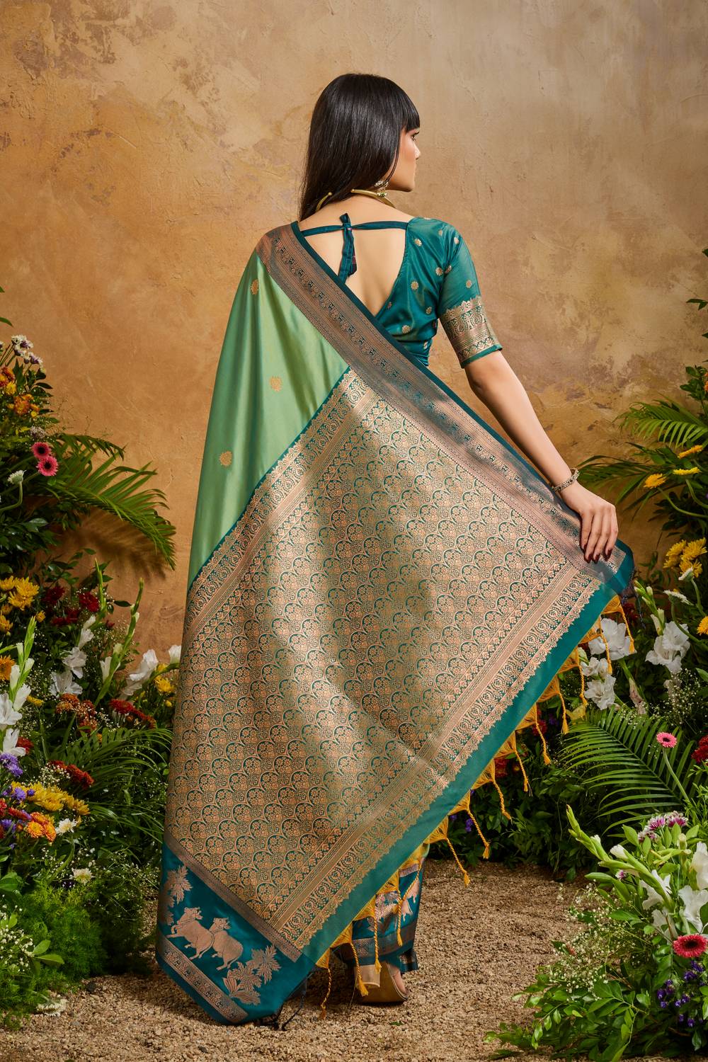 Reishi Seafoam Green Silk Handloom Woven Ready to Wear Saree