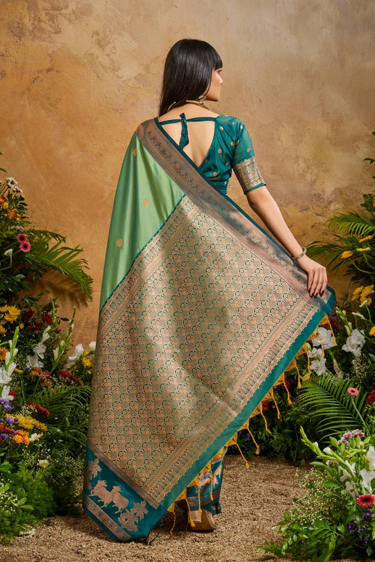 Reishi Seafoam Green Silk Handloom Woven Ready to Wear Saree